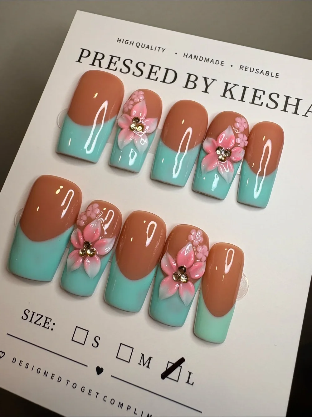 Brown & Mint Floral Press-On Nails